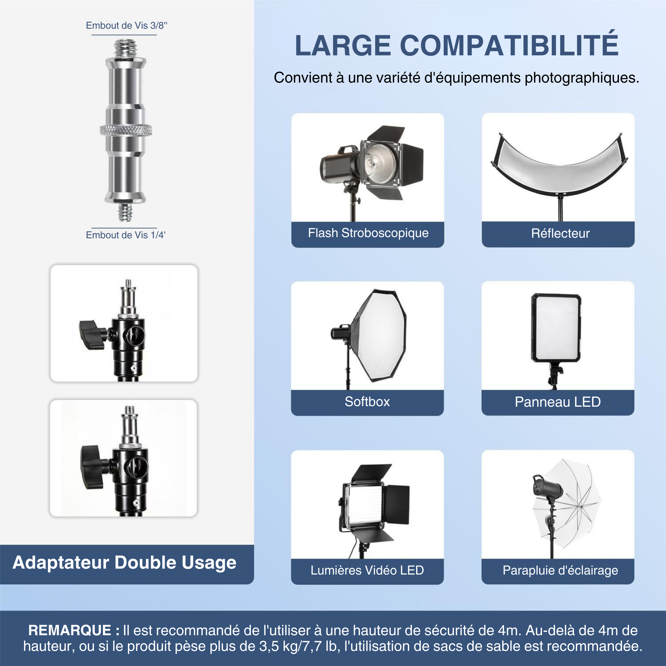 Kate Trépied d'Éclairage Renforcé Professionnel - 4,8m en Alliage d'Aluminium avec Amortissement Air Cushion - Inclut 2 Sacs de Sable & Adaptateurs