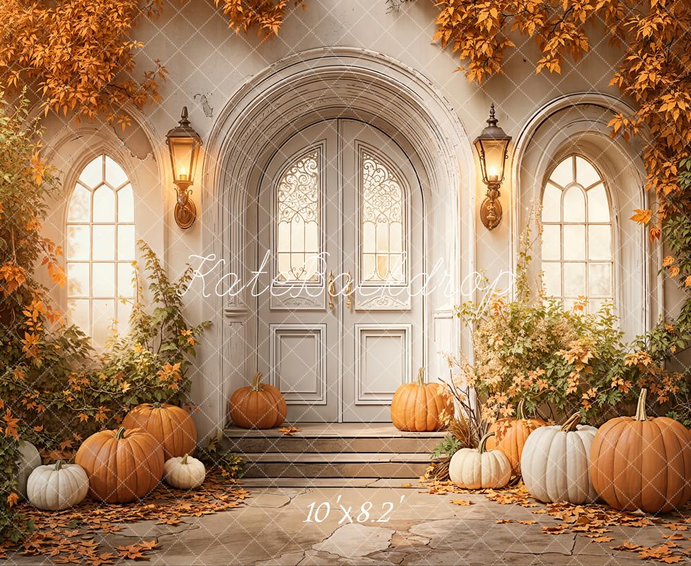 Kate Automne Citrouilles Feuillage Porte Toile de fond en Laine conçue par Emetselch