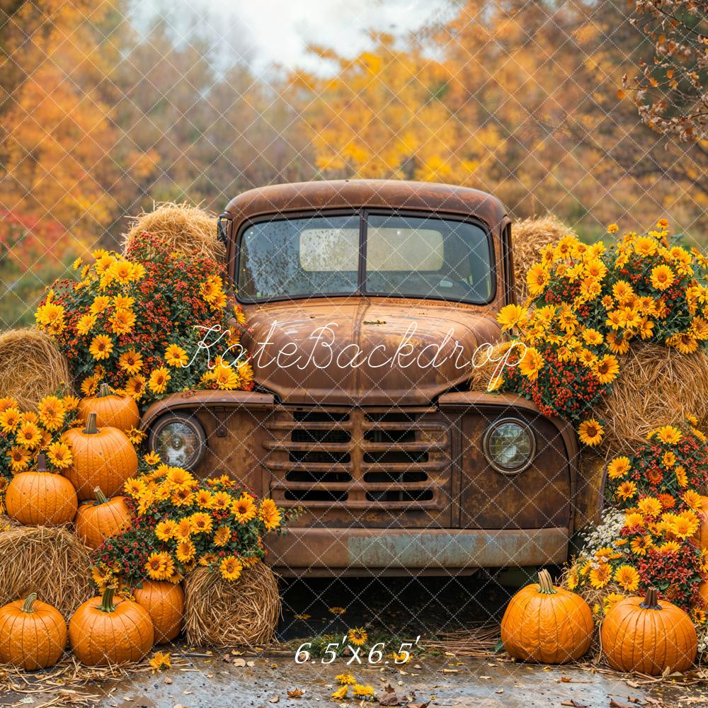 Kate Automne Camion Foin Citrouilles Fleurs Toile de fond conçue par Emetselch - Kate Backdrop FR