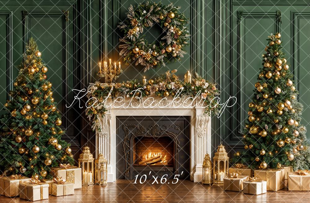 Kate Noël Cheminée Sapins Cadeaux Toile de fond en Laine conçue par Emetselch - Kate Backdrop FR