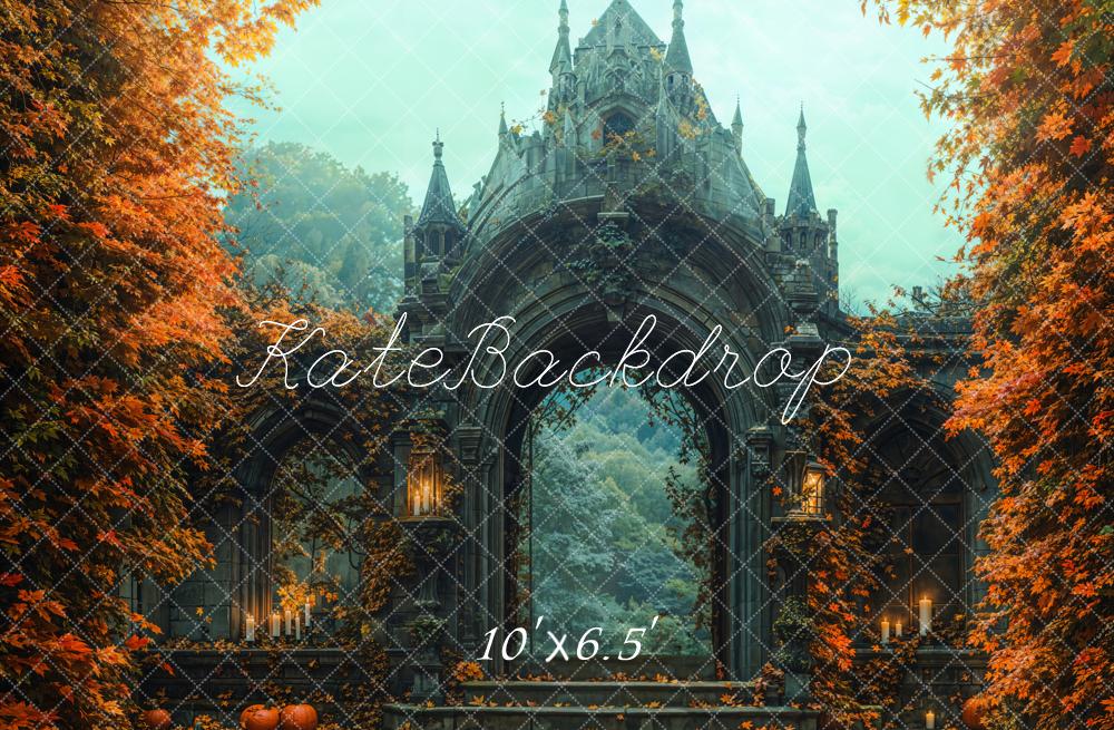 Kate Halloween Château Escalier Citrouilles Toile de fond en Laine conçue par Emetselch - Kate Backdrop FR