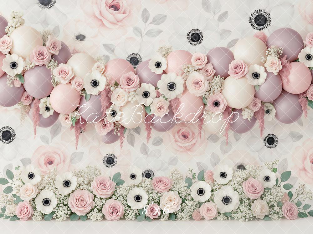 Kate Ballons Roses Fleurs Anniversaire Toile de fond conçue par Ashley Paul - Kate Backdrop FR