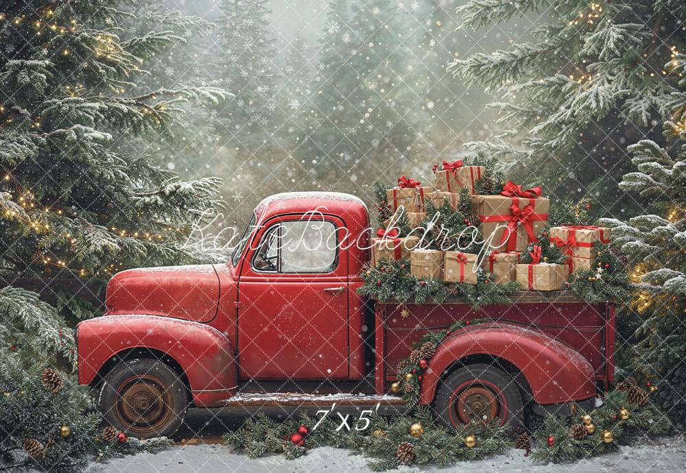 Kate Noël Camion Rouge Cadeaux Sapins Toile de fond conçue par Emetselch - Kate Backdrop FR