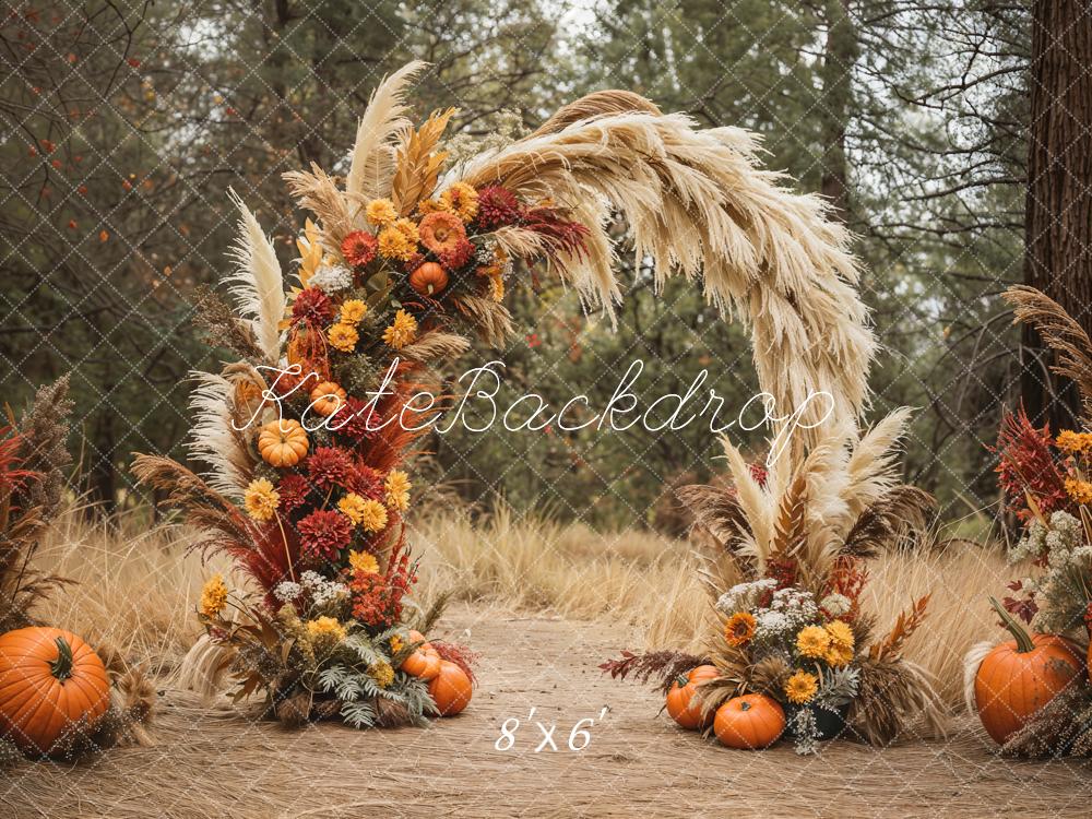 Kate Automne Arc Fleurs Herbe Citrouilles Toile de fond conçue par Emetselch