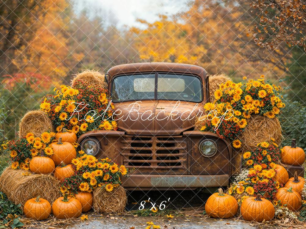 Kate Automne Camion Citrouilles Foin Toile de fond en Laine conçue par Emetselch - Kate Backdrop FR