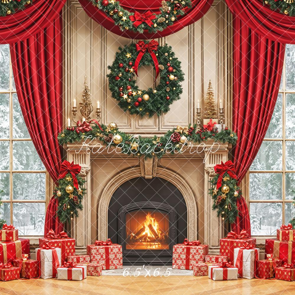Kate Noël Sapins Cheminée Cadeaux Rouge Toile de fond conçue par Emetselch - Kate Backdrop FR