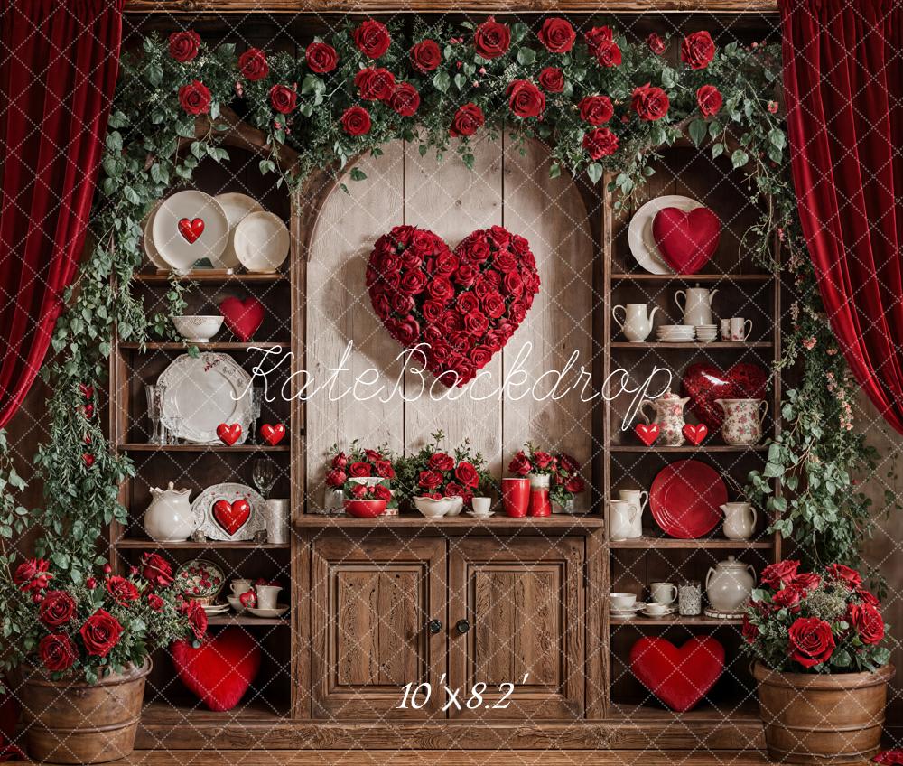 Kate Saint Valentin Coeur Roses Vaisselle Toile de fond en Laine conçue par Emetselch