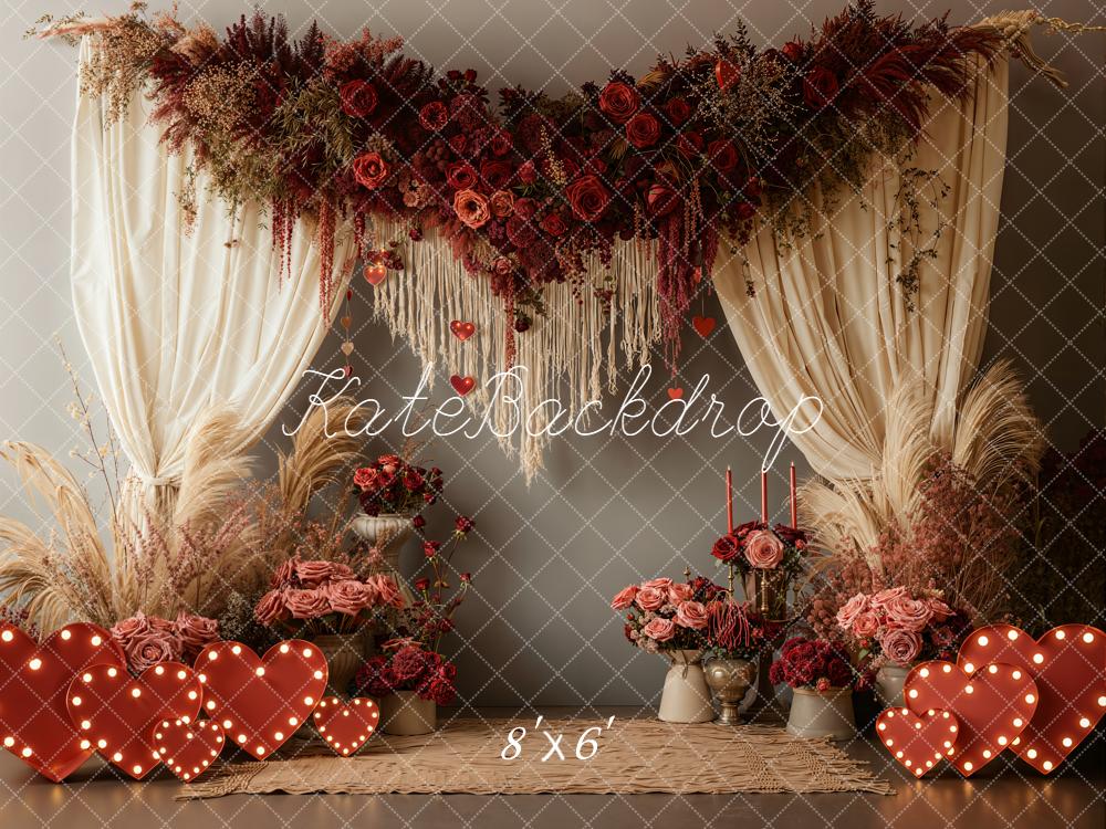 Kate Saint Valentin Fleurs Cœurs Rideaux Toile de fond en Laine conçue par Emetselch