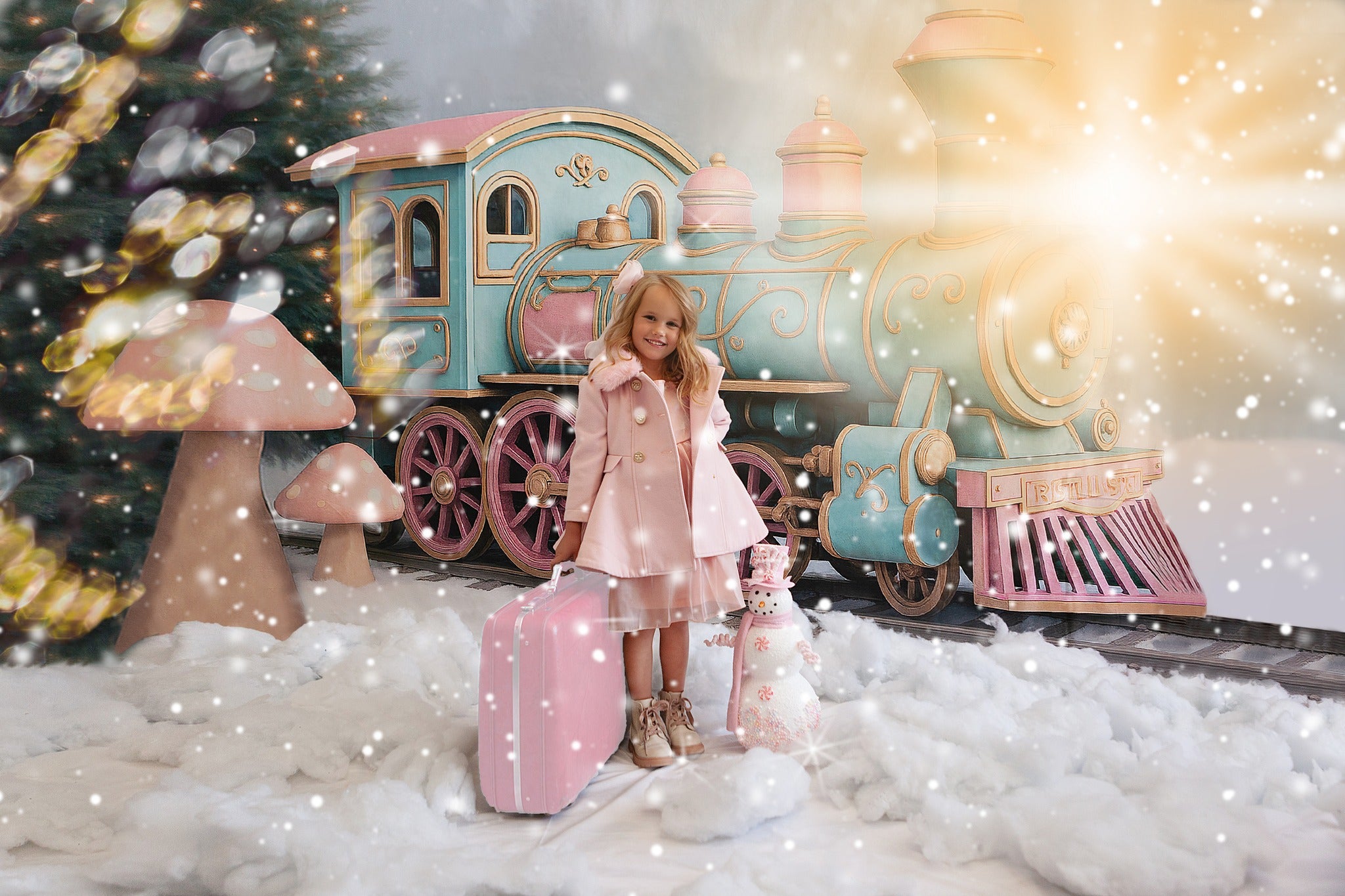 Kate Hiver Train polaire Champignon Neige Toile de fond conçu par Ashley Paul - Kate Backdrop FR