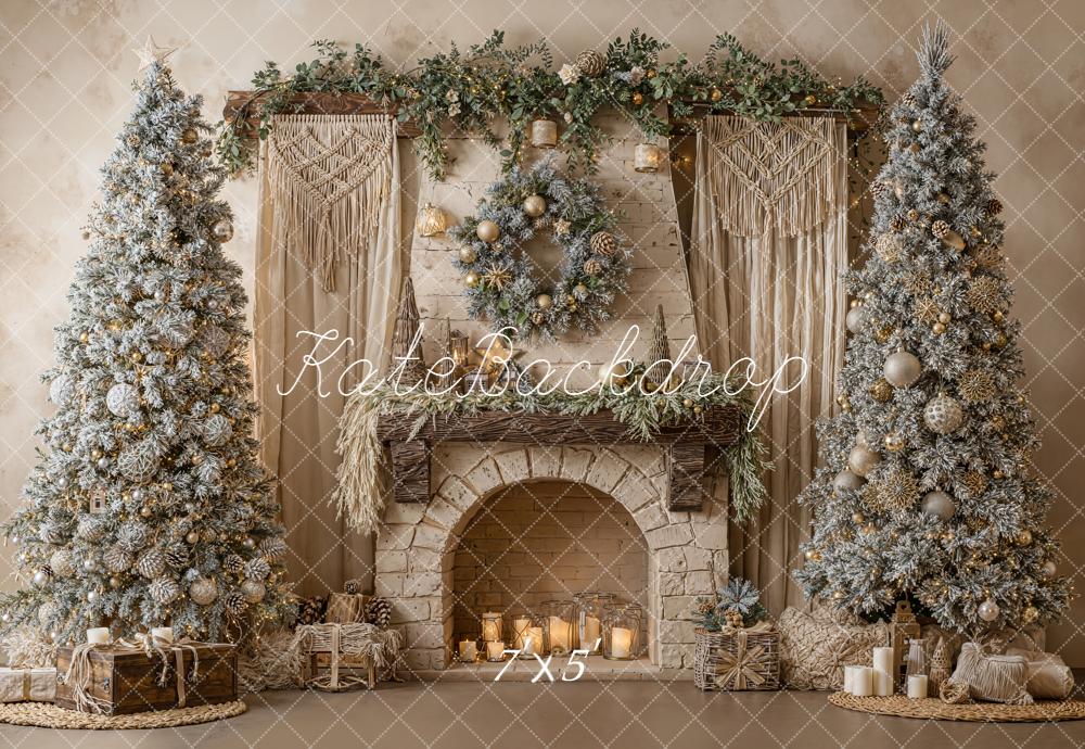 Kate Noël Cheminée Sapins Neige Toile de fond conçue par Emetselch - Kate Backdrop FR