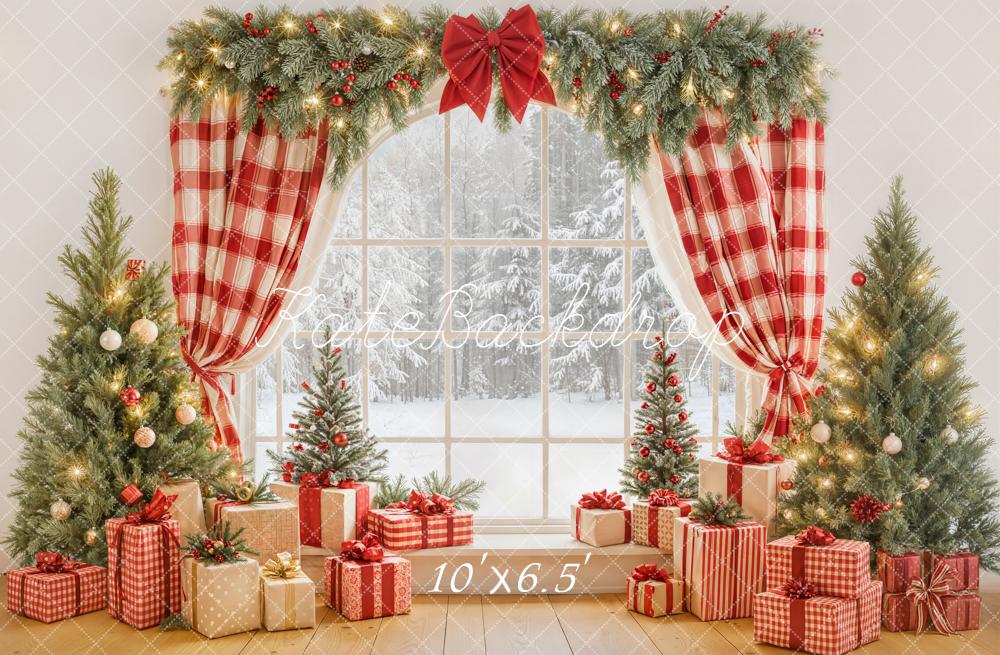 Kate Noël Sapins Cadeaux Fenêtre Neige Toile de fond conçue par Emetselch - Kate Backdrop FR