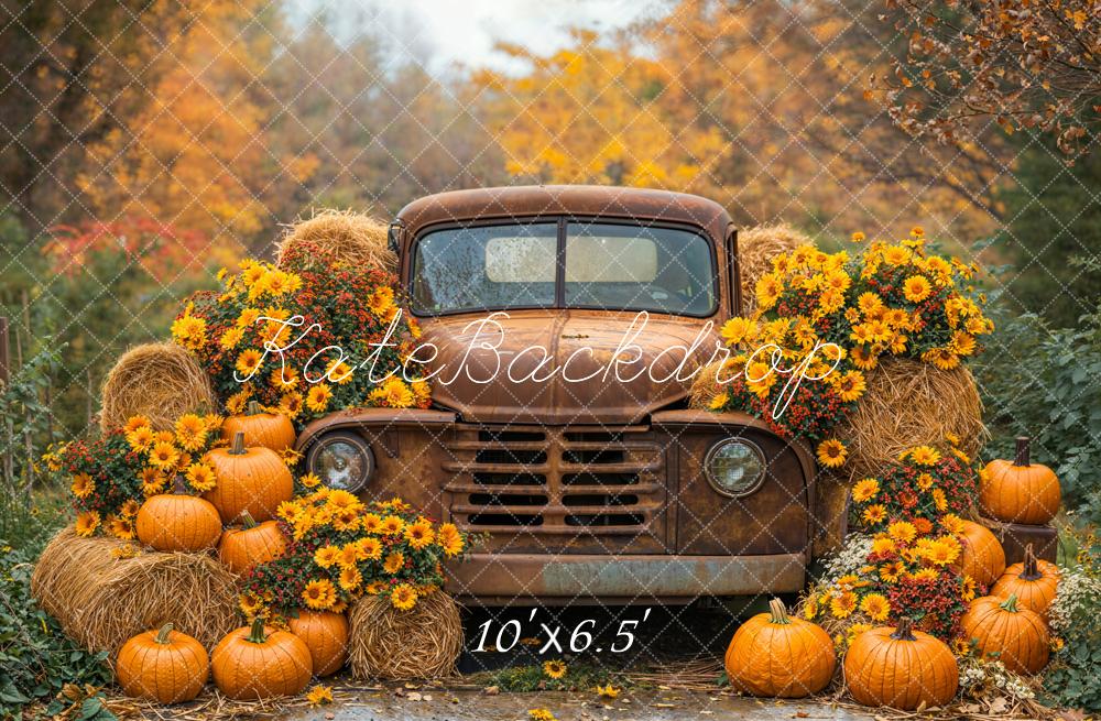 Kate Automne Camion Citrouilles Foin Toile de fond en Laine conçue par Emetselch - Kate Backdrop FR