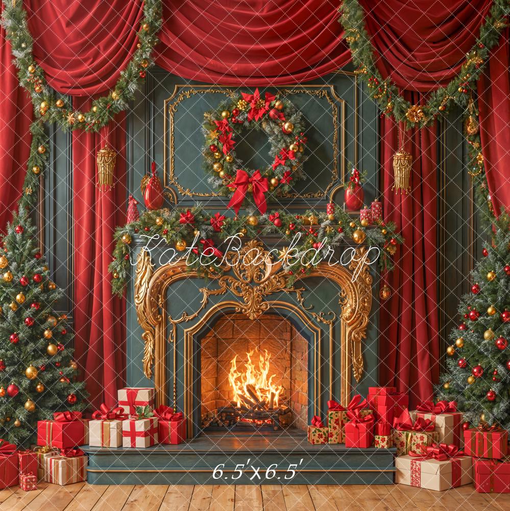 Kate Noël Cheminée Sapins Guirlandes Cadeaux Toile de fond conçue par Emetselch - Kate Backdrop FR