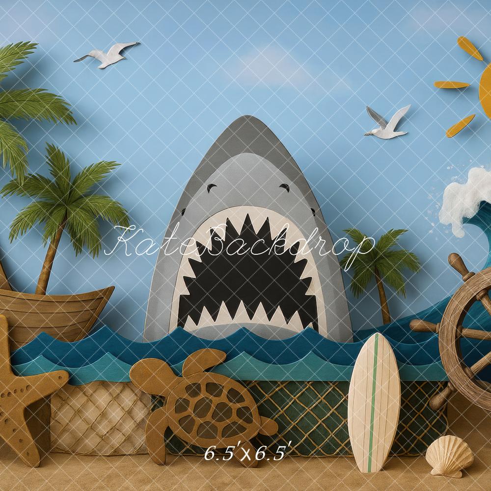 Kate Océan Requin Palmiers Vague Toile de fond conçue par Mini MakeBelieve - Kate Backdrop FR