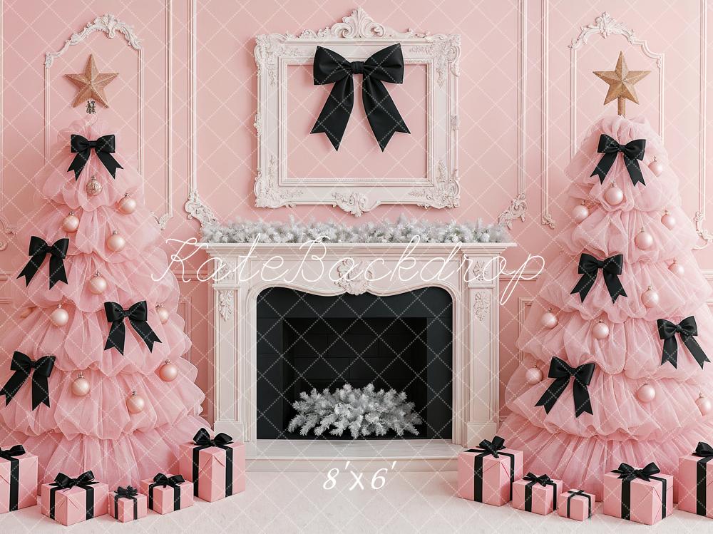 Kate Noël Cheminée Sapins Cadeaux Rose Toile de fond conçue par Ashley Paul - Kate Backdrop FR