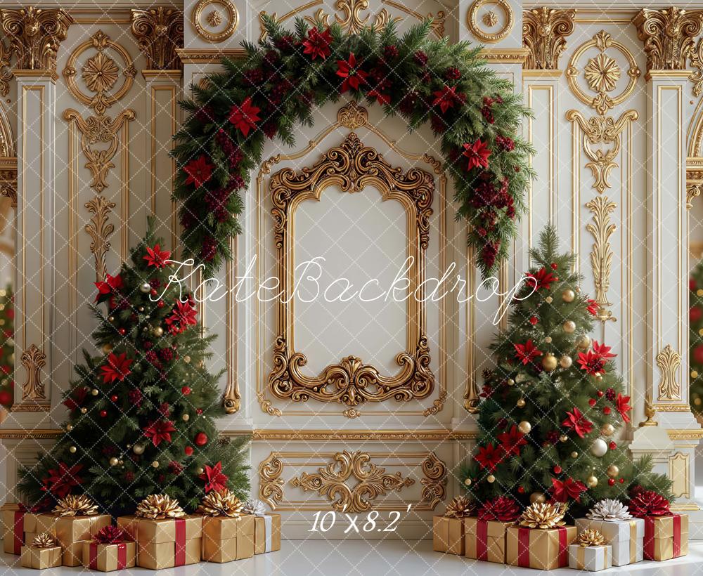 Kate Noël Chambre Sapins Cadeaux Doré Toile de fond conçue par Mini MakeBelieve
