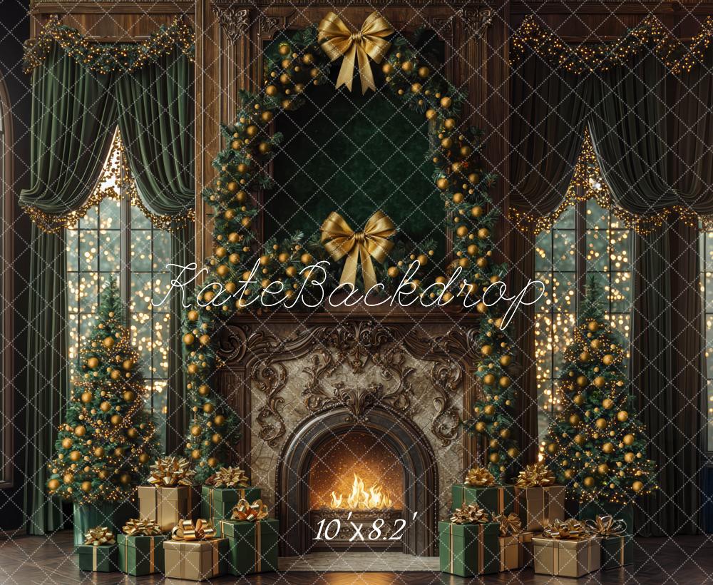 Kate Noël Cheminée Sapins Cadeaux Toile de fond conçue par Mini MakeBelieve - Kate Backdrop FR
