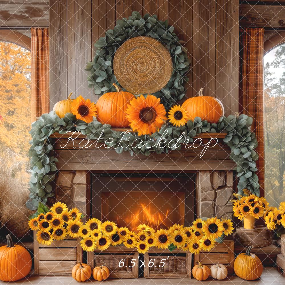 Kate Automne Cheminée Citrouilles Tournesols Toile de fond conçue par Mini MakeBelieve - Kate Backdrop FR