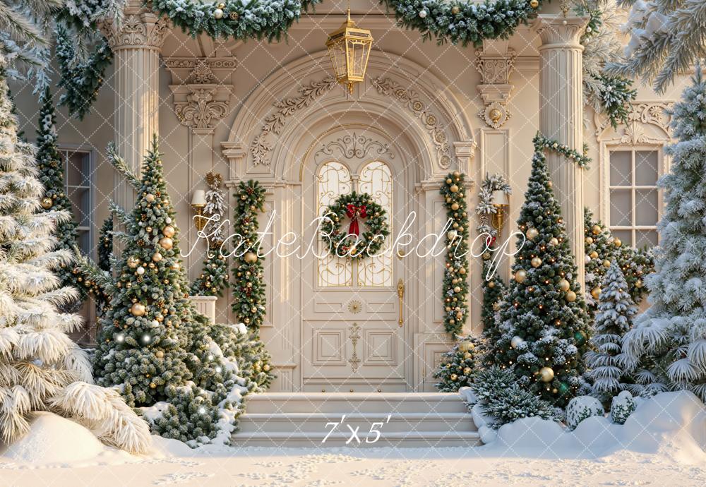 Kate Noël Maison Sapins Neige Toile de fond conçue par Emetselch - Kate Backdrop FR