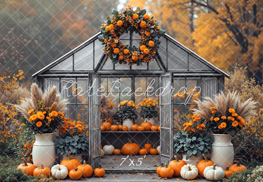 Kate Automne Serre Citrouilles Fleurs Toile de fond conçue par Mini MakeBelieve