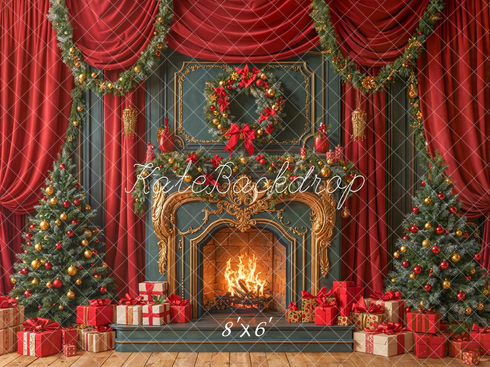 Kate Noël Cheminée Sapins Guirlandes Cadeaux Toile de fond conçue par Emetselch - Kate Backdrop FR