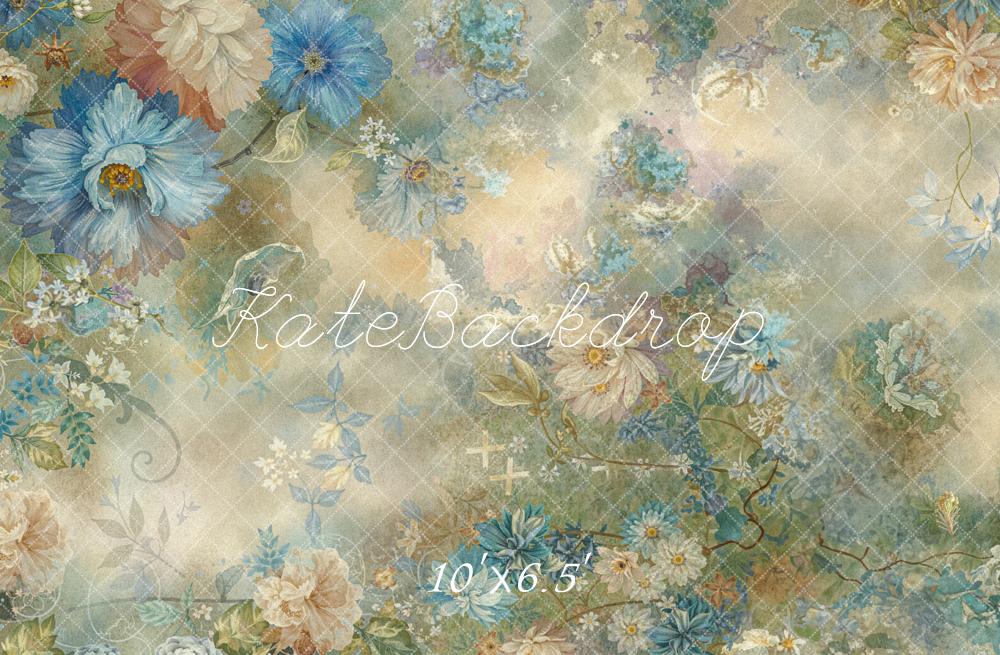 Kate Floral Bleu Beige Toile de fond en Laine conçue par Emetselch - Kate Backdrop FR