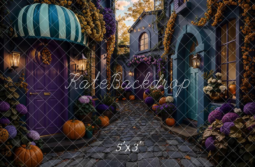 Kate Halloween Rue Citrouilles Fleurs Toile de fond conçue par Emetselch - Kate Backdrop FR