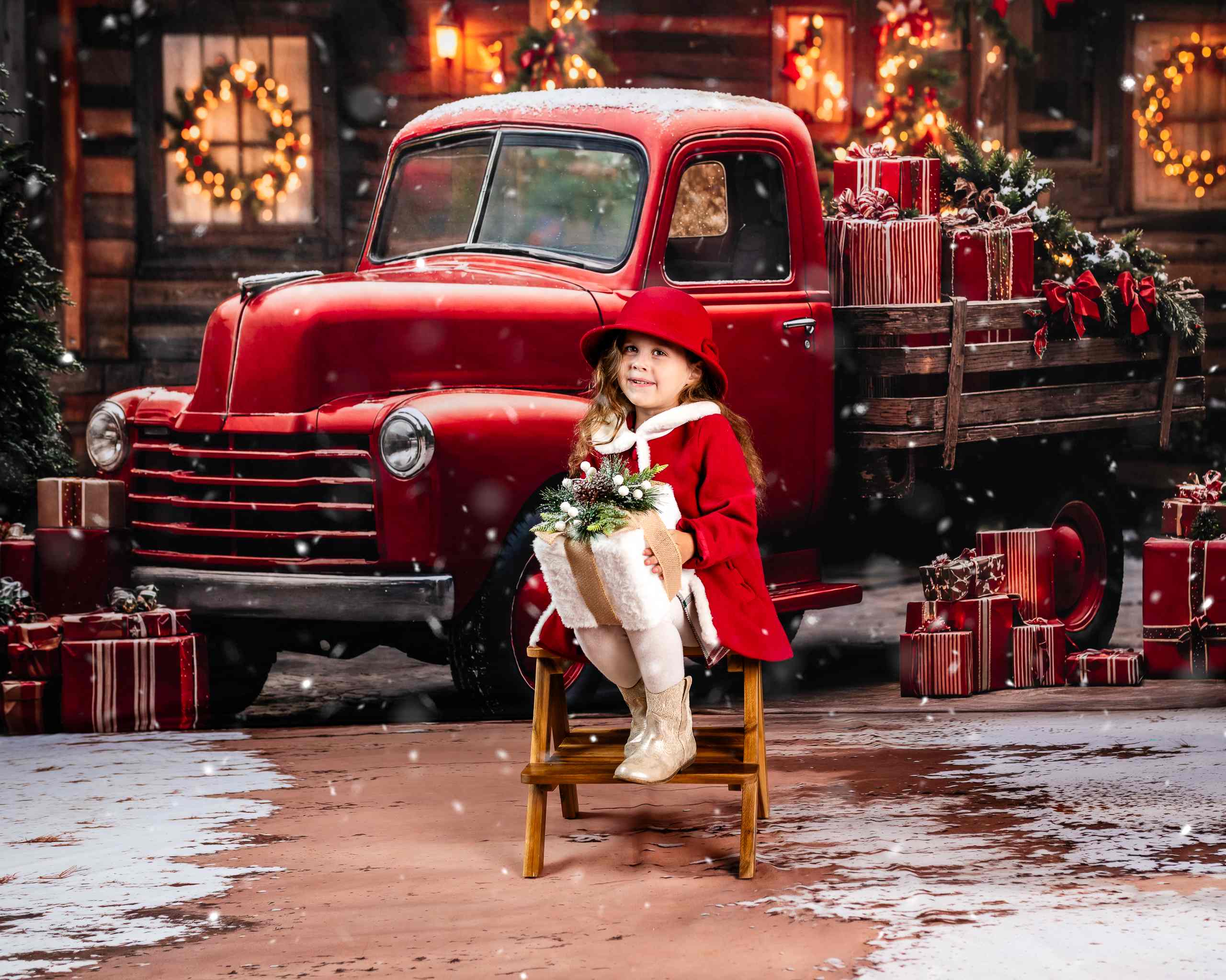 Kate Noël Camion Cadeaux Maison Toile de fond+Hiver Neige Terre Sol Toile de fond