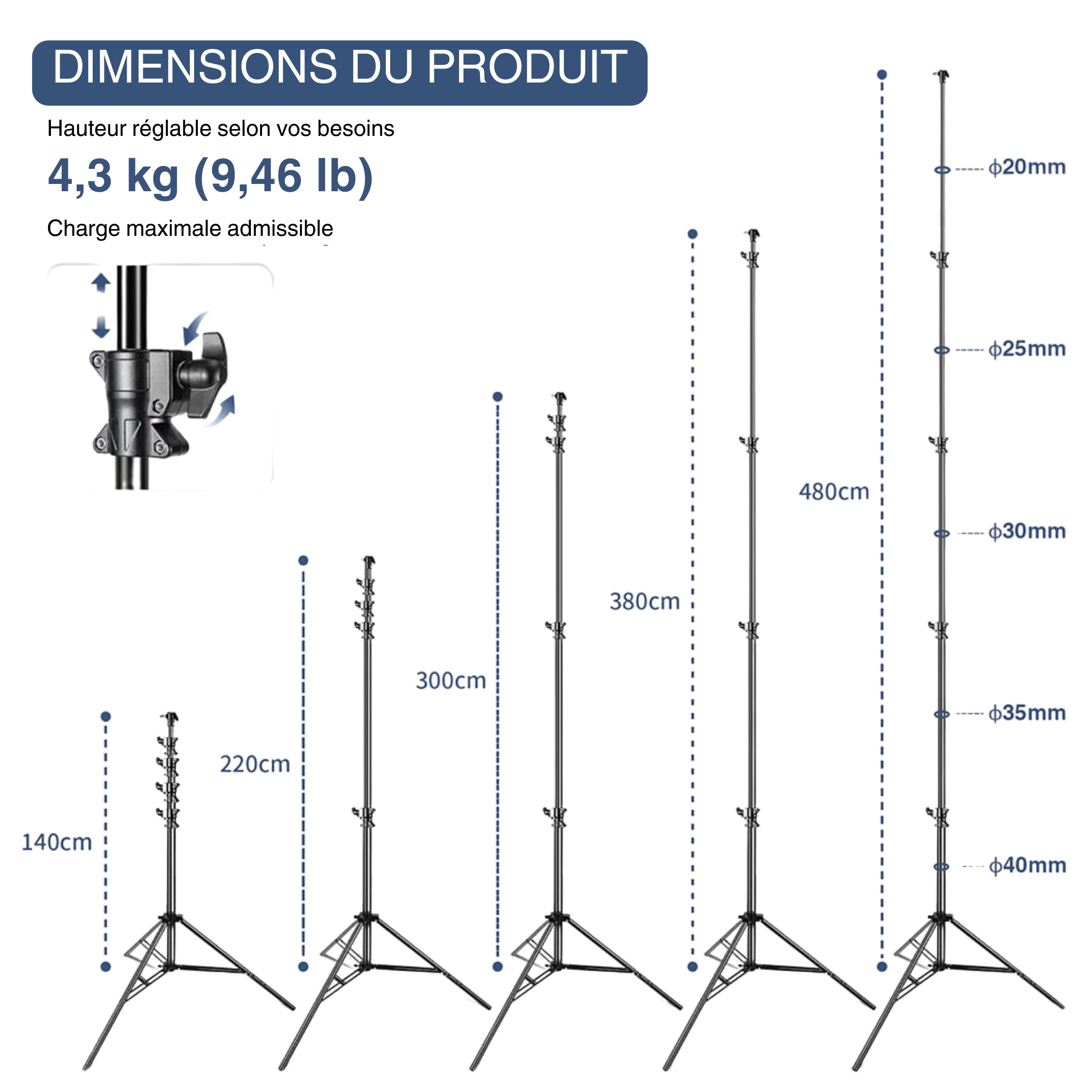 Kate Trépied d'Éclairage Renforcé Professionnel - 4,8m en Alliage d'Aluminium avec Amortissement Air Cushion - Inclut 2 Sacs de Sable & Adaptateurs
