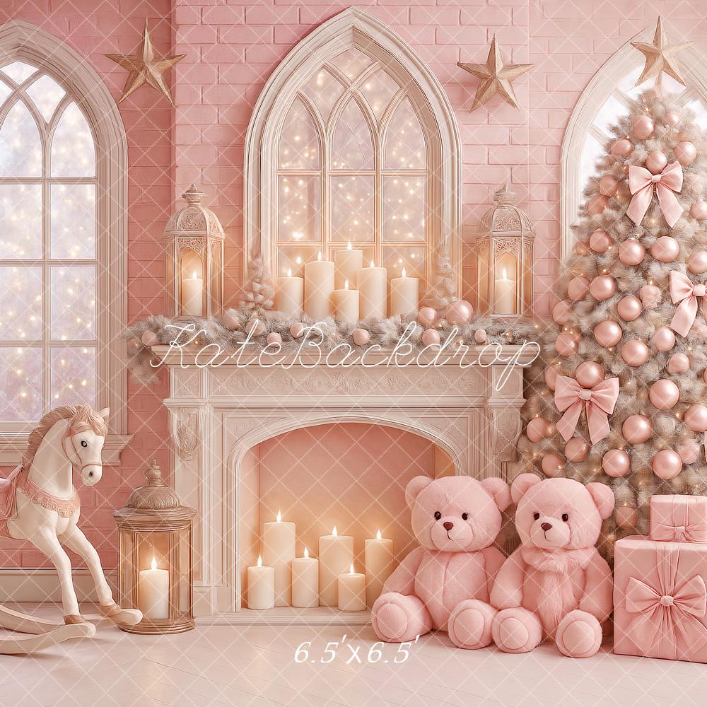 Kate Sapin de Noël Rose Cadeaux Cheminée Toile de fond conçue par Ashley Paul - Kate Backdrop FR
