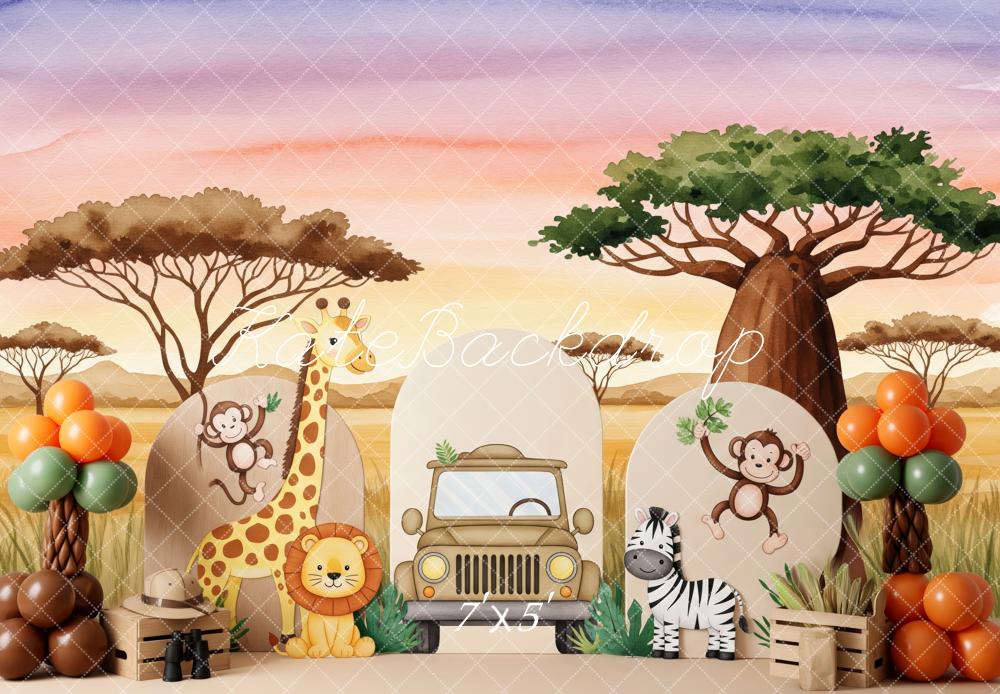 Kate Safari Animaux Arbres Ballons Toile de fond conçue par Patty Roberts - Kate Backdrop FR