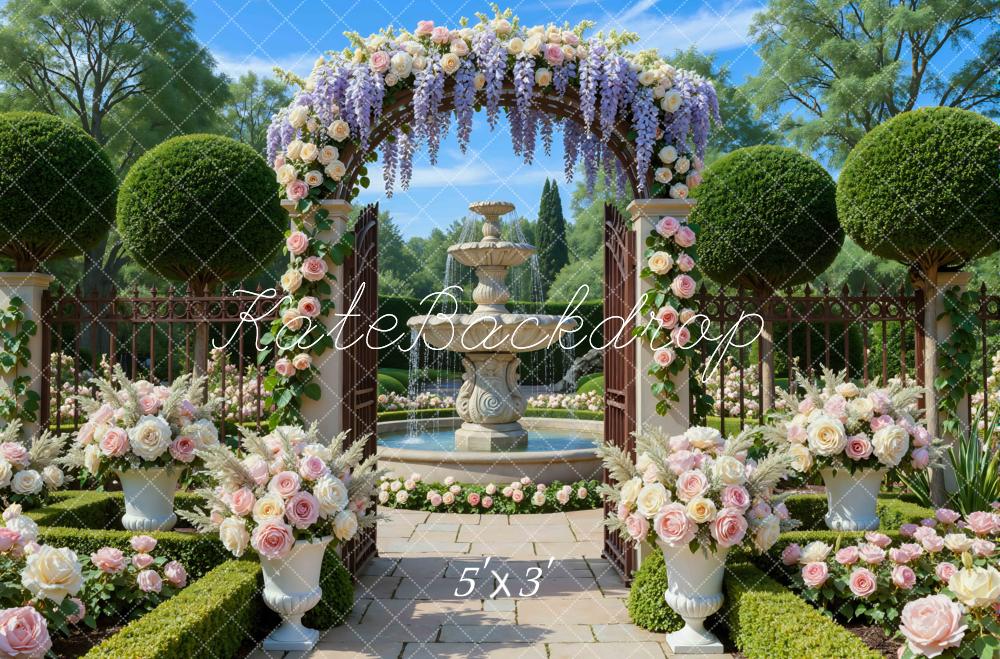 Kate Mariage Arche Fleurs Fontaine Jardin Toile de fond conçue par Mini MakeBelieve - Kate Backdrop FR