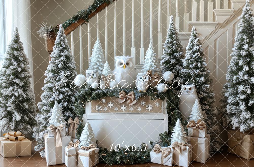 Kate Noël Hiboux Sapins Cadeaux Toile de fond conçue par Mini MakeBelieve - Kate Backdrop FR