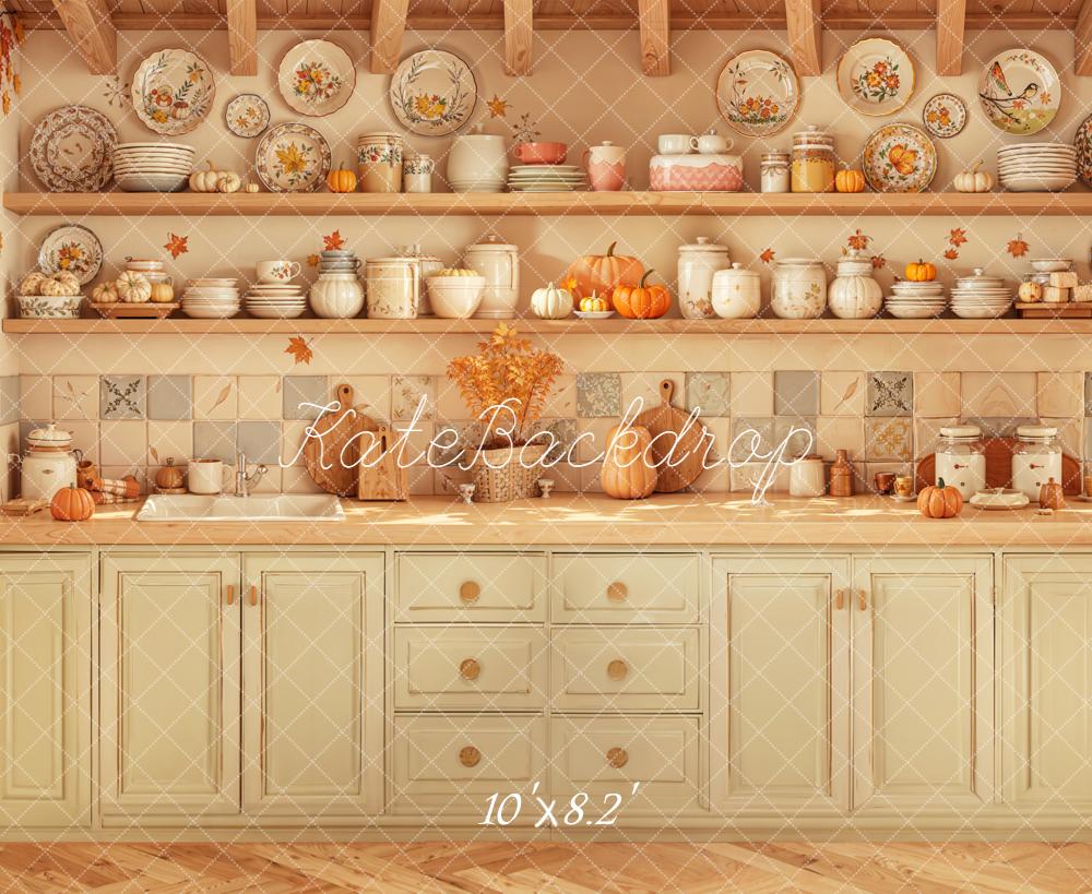 Kate Automne Cuisine Vaisselle Citrouilles Toile de fond en Laine conçue par Emetselch
