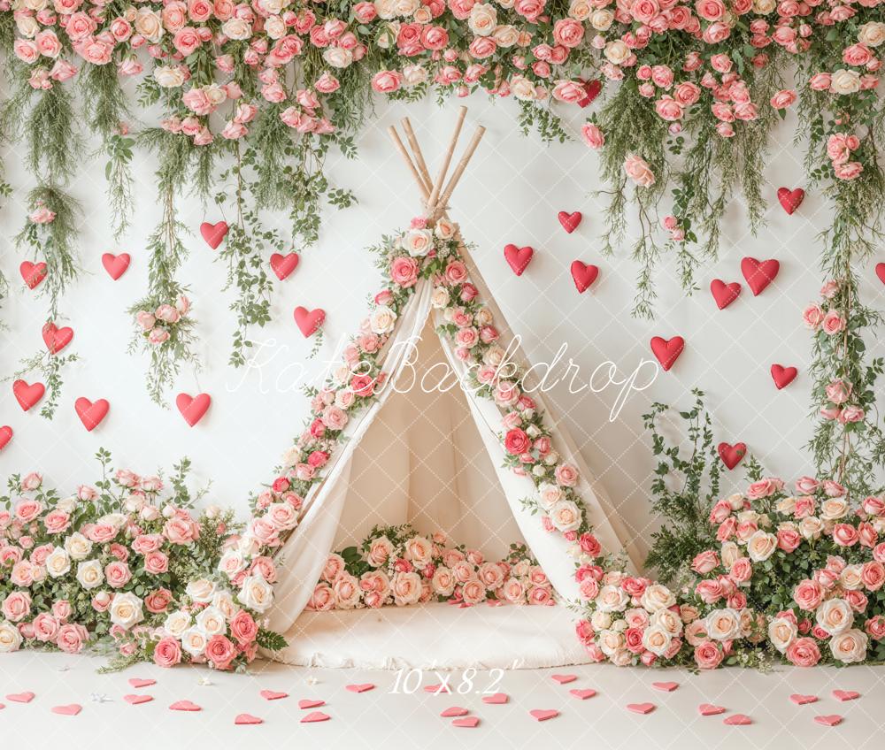 Kate Saint Valentin Tente Fleurs Cœurs Toile de fond en Laine conçue par Emetselch