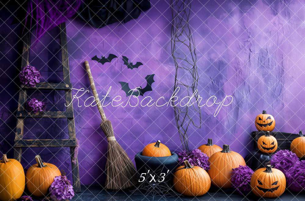 Kate Halloween Citrouilles Balai Chauves-Souris Violet Toile de fond conçue par Patty Roberts - Kate Backdrop FR