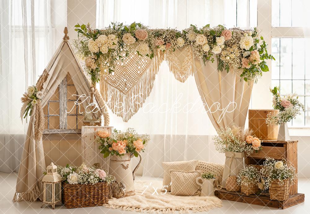 Kate Bohème Tente Fleurs Macramé Beige Toile de fond conçue par Emetselch