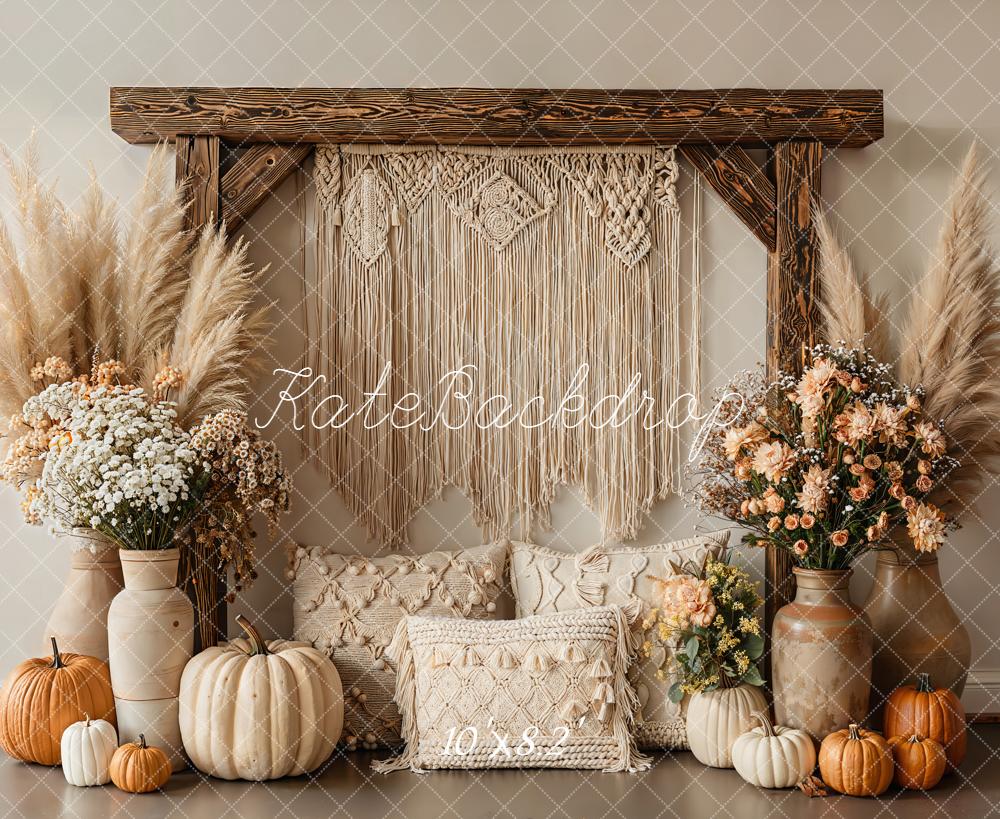 Kate Bohème Citrouilles Fleurs Pampas Toile de fond en Laine conçue par Emetselch