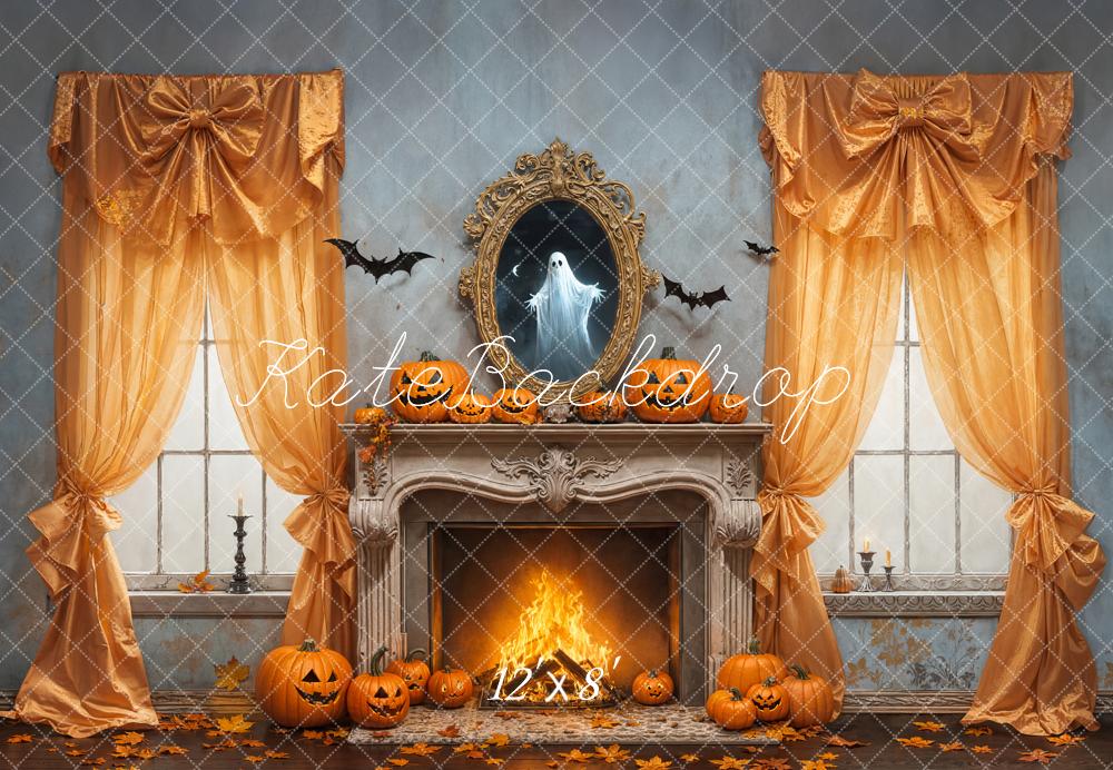 Kate Halloween Cheminée Citrouilles Fenêtre Toile de fond en Laine conçue par Emetselch - Kate Backdrop FR