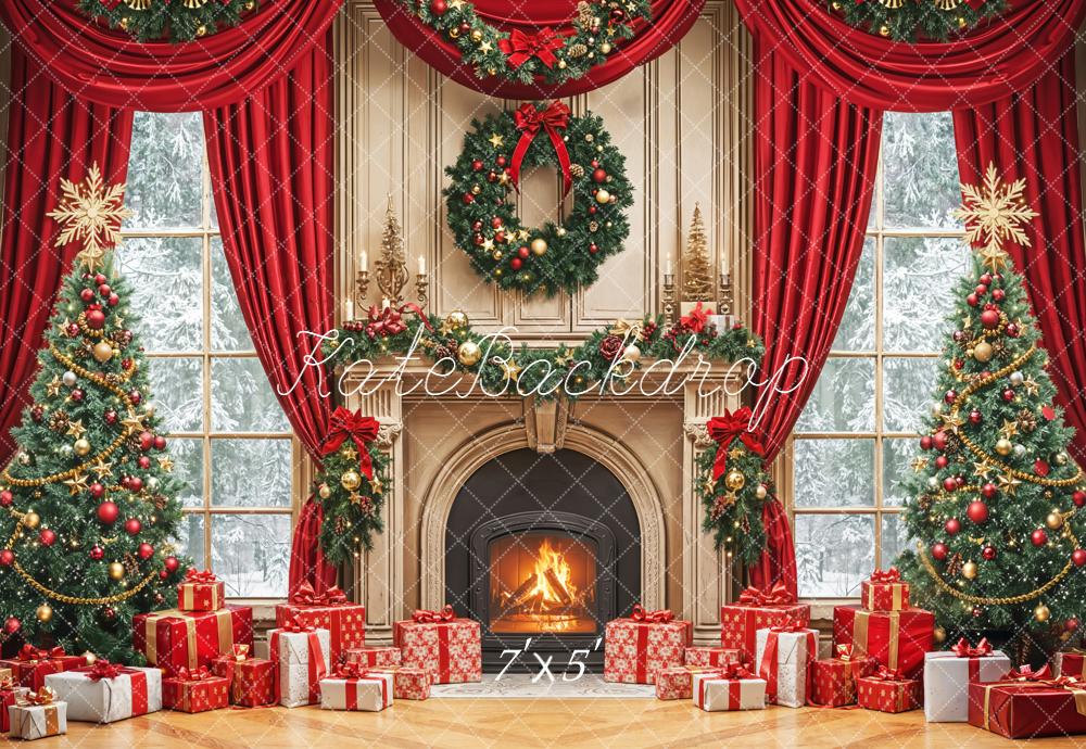 Kate Noël Sapins Cheminée Cadeaux Rouge Toile de fond conçue par Emetselch - Kate Backdrop FR