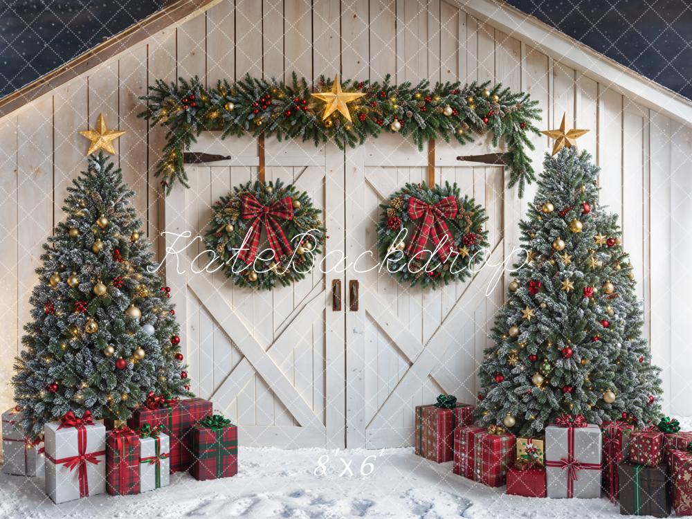 Kate Noël Sapins Cadeaux Grange Neige Toile de fond en Laine conçue par Emetselch - Kate Backdrop FR