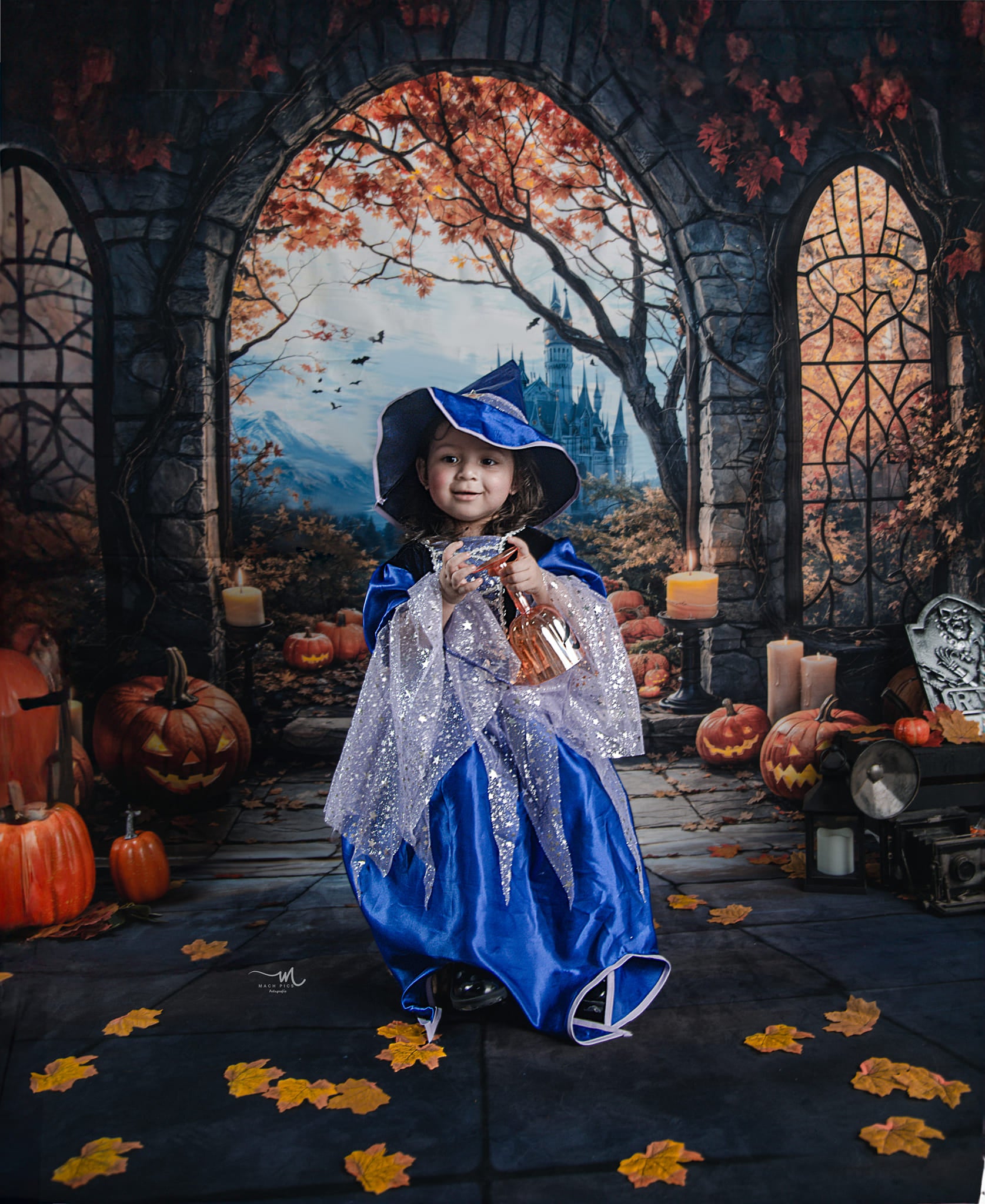Kate Halloween Arche Érable Château Citrouille Toile de fond+Plancher en pierre Sol Toile de fond - Kate Backdrop FR