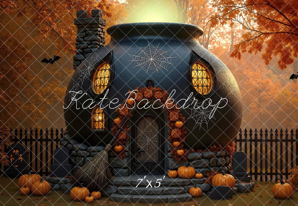 Kate Halloween Maison Sorcière Citrouilles Toile de fond conçue par Mini MakeBelieve