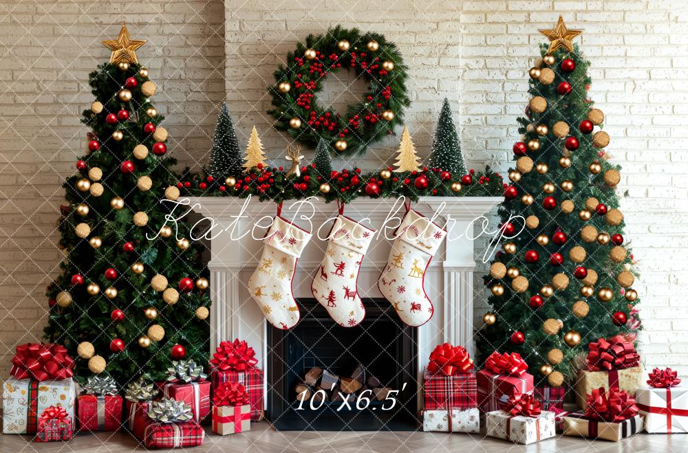 Kate Noël Cheminée Sapins Cadeaux Toile de fond conçue par Mini MakeBelieve - Kate Backdrop FR