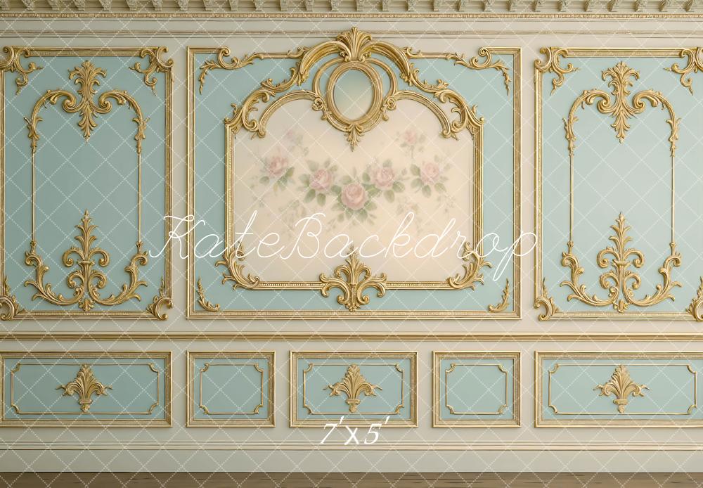 Kate Mur Vintage Or Bleu Fleurs Toile de fond conçue par Mini MakeBelieve