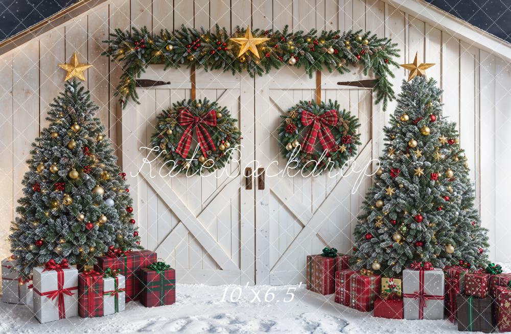 Kate Noël Sapins Cadeaux Grange Neige Toile de fond conçue par Emetselch - Kate Backdrop FR