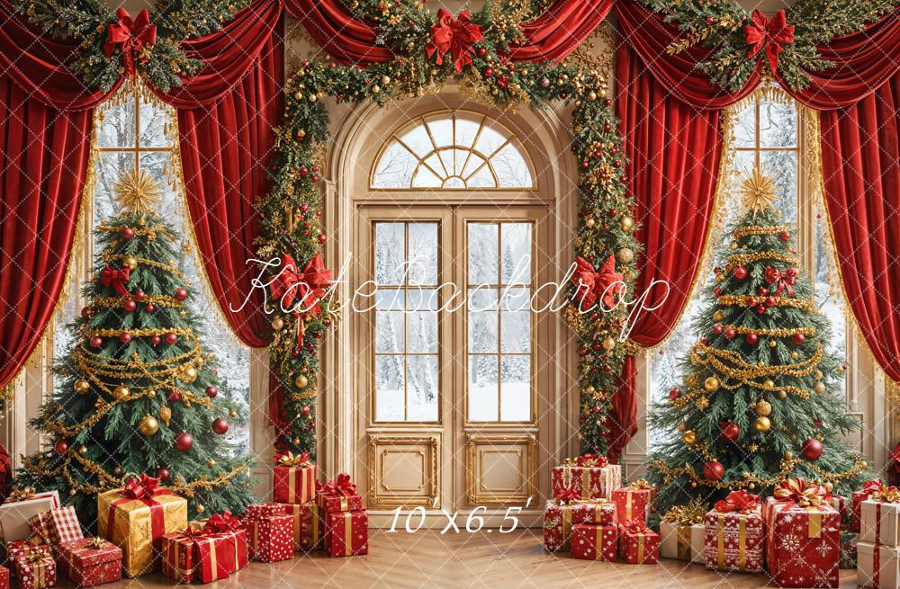 Kate Noël Sapins Fenêtre Cadeaux Rouge Toile de fond conçue par Emetselch - Kate Backdrop FR
