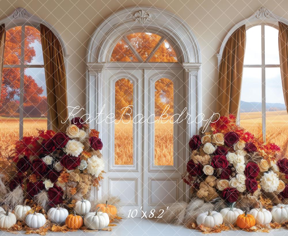 Kate Automne Fenêtre Roses Citrouilles Toile de fond conçue par Mini MakeBelieve - Kate Backdrop FR