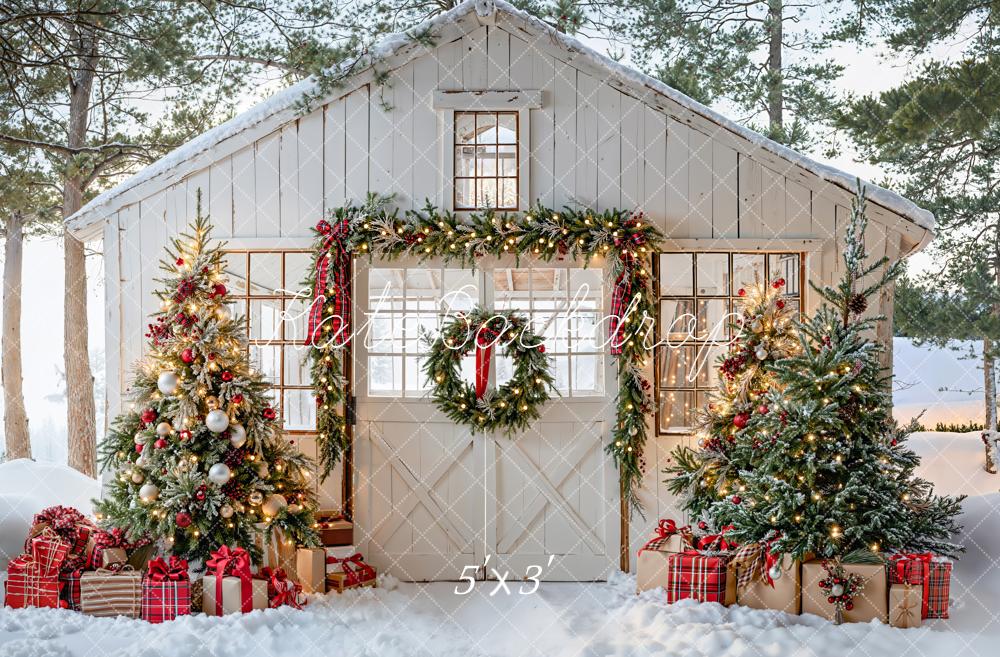 Kate Noël Maison Sapins Neige Toile de fond conçue par Emetselch - Kate Backdrop FR