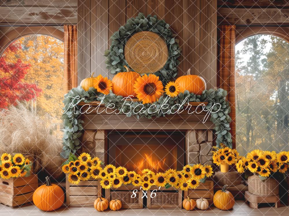 Kate Automne Cheminée Citrouilles Tournesols Toile de fond conçue par Mini MakeBelieve - Kate Backdrop FR